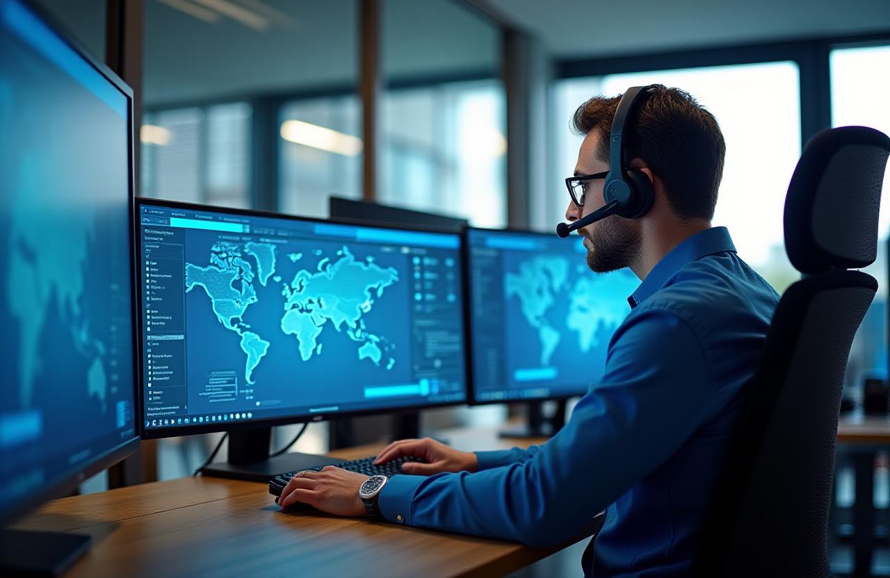 Logistics dispatcher coordinating fleet operations from a modern control room